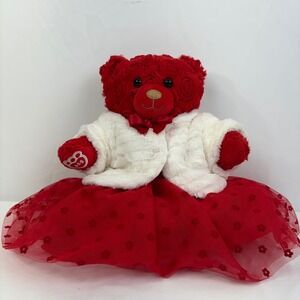 Build A Bear Red Roses Valentine Teddy Bear Plush White Fur Coat Red Tulle Dress